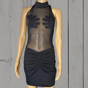 Black Mesh Mini Dress With Hands Covering Breasts Large Stretch Ruched Sleeveles